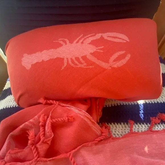 Lobster Louie SET Organic Cotton Blanket Towel 2 Sided + Nap Pillow Cover 🦞 Red - Picture 4 of 14